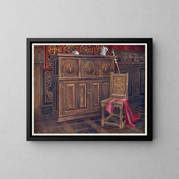 Chêne Cabinet Gemälde mit kreisförmigen konvexen Paneelen, armlose Nussbaumstuhl mit verschlungenem Blumenornament am Rücken - Edwin Foley — gerahmtes Bild an der Wand