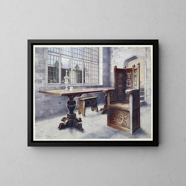 Tisch aus Eichenbrettern und Minehost-Stuhl - Edwin Foley — gerahmtes Bild an der Wand