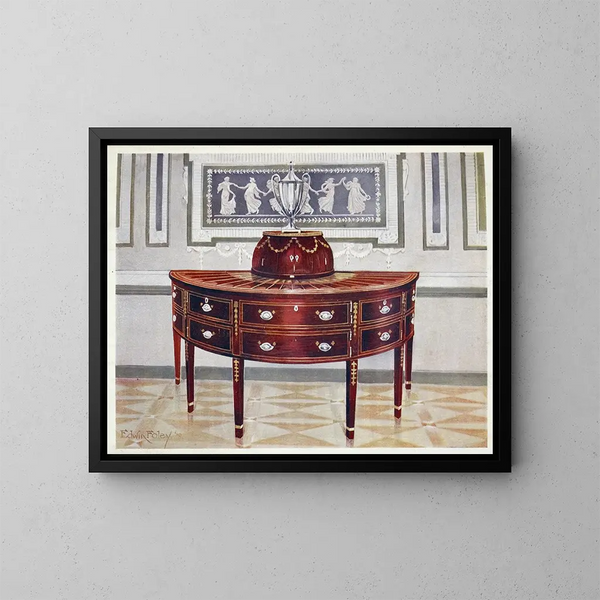 Halbkreisförmiges Buffet-Gemälde aus Mahagoni und mit einem Messerblock, marqueterie- und satinholzbeplankt, aus Mahagoni und Ebenholz - Edwin Foley — gerahmtes Bild an der Wand