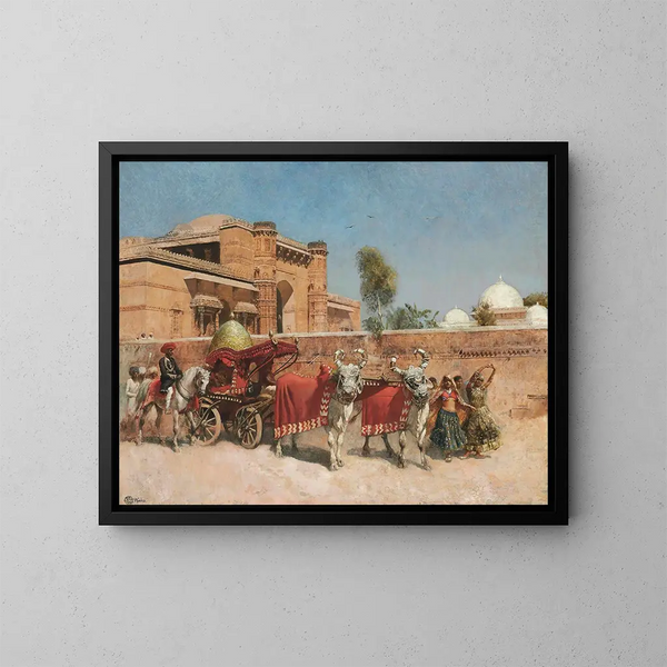 Eine Hochzeitsprozession vor einem Palast in Rajasthan - Edwin Lord Weeks — gerahmtes Bild an der Wand