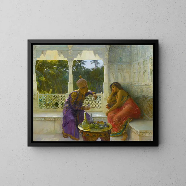 Figuren in einem Interieur mit einem Palmen-Garten im Hintergrund (Konflikt des Falls) - Edwin Lord Weeks — gerahmtes Bild an der Wand