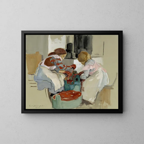 Zwei Mädchen beim Färben von Stoff - Eero Järnefelt — gerahmtes Bild an der Wand