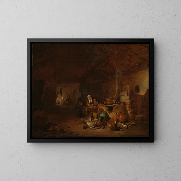 Innenansicht einer Scheune - Egbert van der Poel — gerahmtes Bild an der Wand