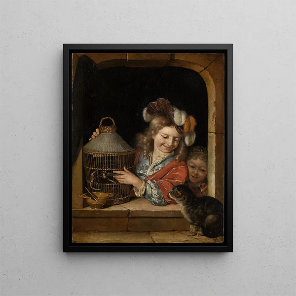 Kinder mit Vogelkäfig und Katze - Eglon van der Neer — gerahmtes Bild an der Wand
