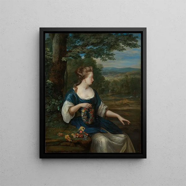 Portrait einer Frau mit Blumenkrone - Eglon van der Neer — gerahmtes Bild an der Wand