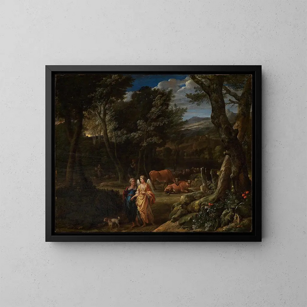Tobias und der Engel in einer Waldlandschaft - Eglon van der Neer — gerahmtes Bild an der Wand