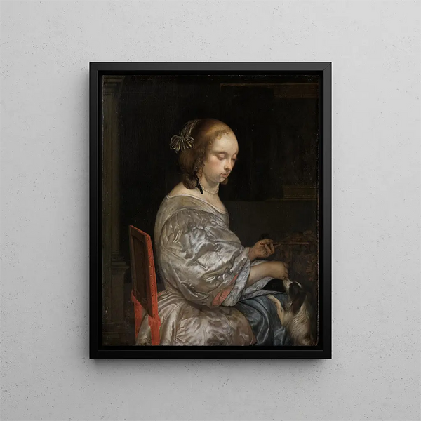 Junge Frau mit einem Welpen - Eglon van der Neer — gerahmtes Bild an der Wand