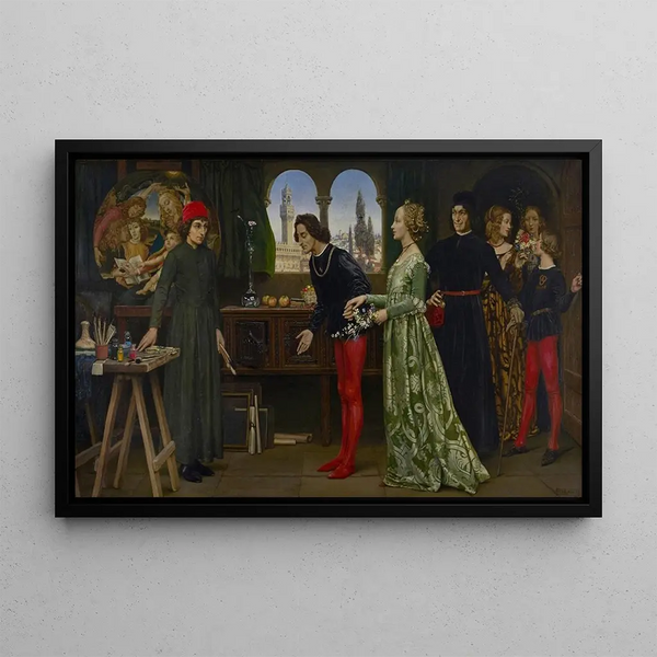 L'atelier de Botticelli: La première visite de Simonetta présenté par Giulio et Lorenzo de Médicis - Eleanor Fortescue-Brickdale — gerahmtes Bild an der Wand