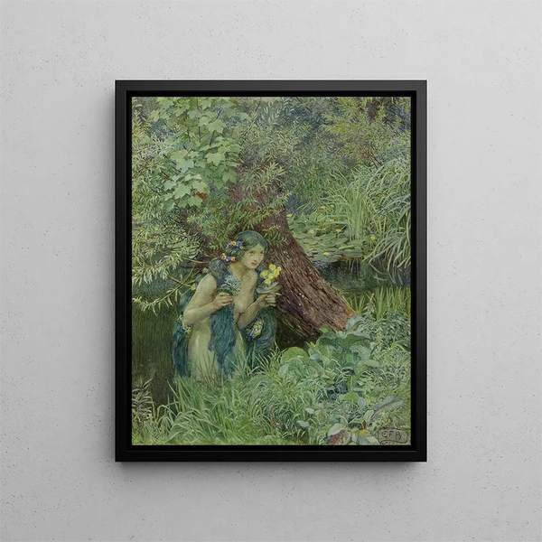 mit schönen grünlichen Strähnen, die locker und ungebunden sind - Eleanor Fortescue-Brickdale — gerahmtes Bild an der Wand