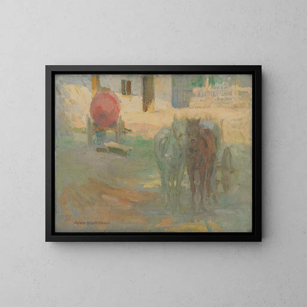 Hof mit gezogenen Pferden - Elemér Halász-Hradil — gerahmtes Bild an der Wand