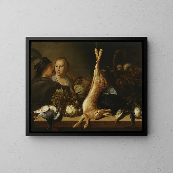 Stillleben mit Gemüse und einem Hasen - Elias Vonck — gerahmtes Bild an der Wand