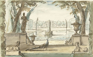 Elias van Nijmegen - Gezicht in een tuin met een vijver een fontein en een pauw.webp