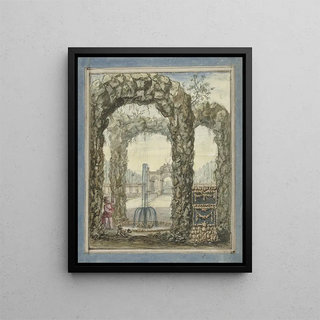 Elias van Nijmegen - Ontwerp voor een kamerbeschildering met stenen bogen met een fontein en zicht op een tuin.webp