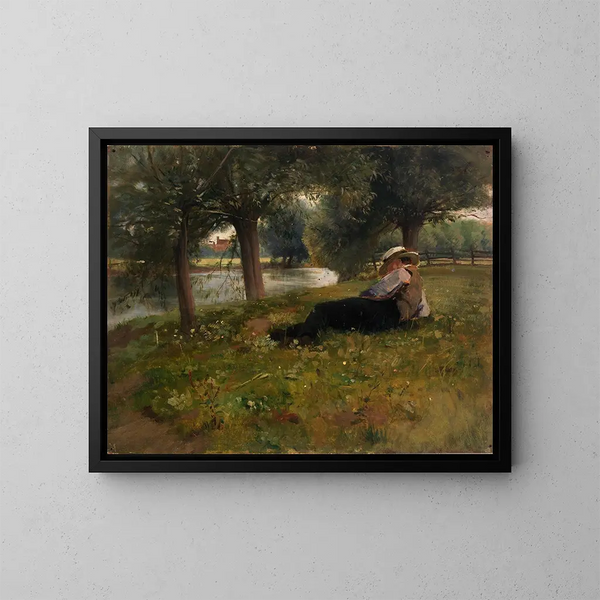 Mann liegend bei einem Bach - Eliphalet Fraser Andrews — gerahmtes Bild an der Wand