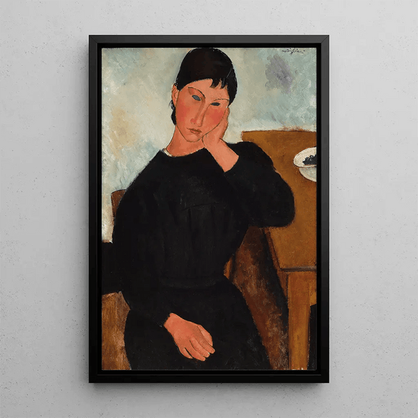 Reproduktion des Gemäldes Elvire sitzend, an einem Tisch angelehnt - Amedeo Modigliani