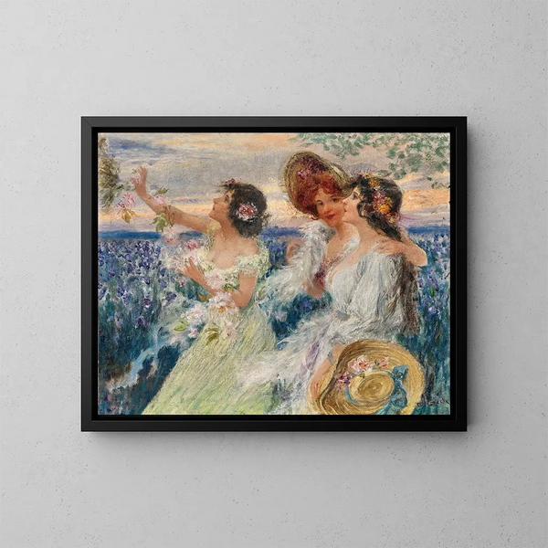 Frühling, drei Damen vor einem Lilienfeld - Emil Czech — gerahmtes Bild an der Wand