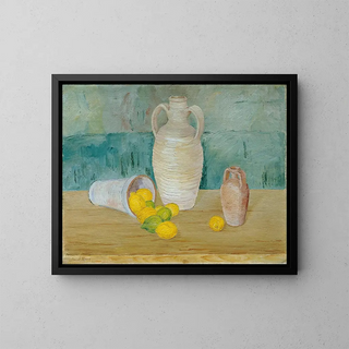 Stillleben mit Steinkannen und Zitronen - Emil Kraus — gerahmtes Bild an der Wand