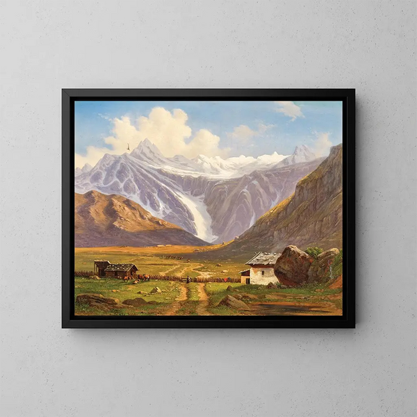 Ein Alm mit einer Alpenhütte - Emil Ludwig Lühr — gerahmtes Bild an der Wand