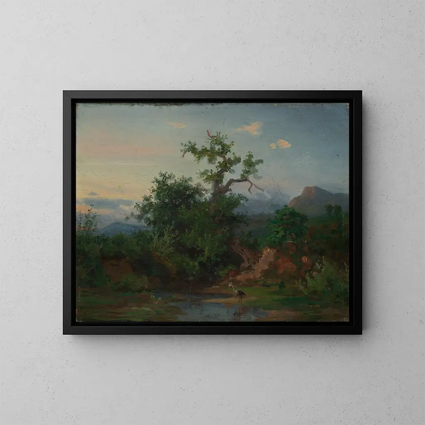 Bergsee mit Storch - Emil Lugo — gerahmtes Bild an der Wand