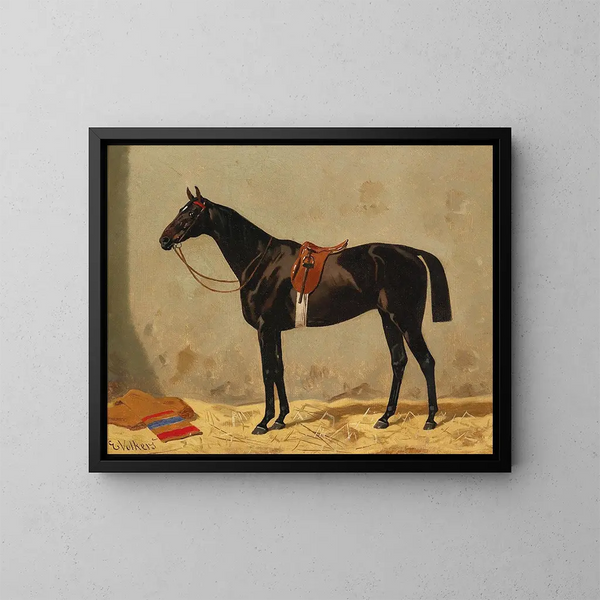 Schwarzes Pferd in der Stallung - Emil Volkers — gerahmtes Bild an der Wand