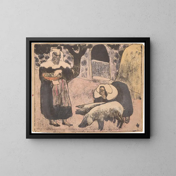 Bretonisches Gemälde, das Schweine füttert - Émile Bernard — gerahmtes Bild an der Wand