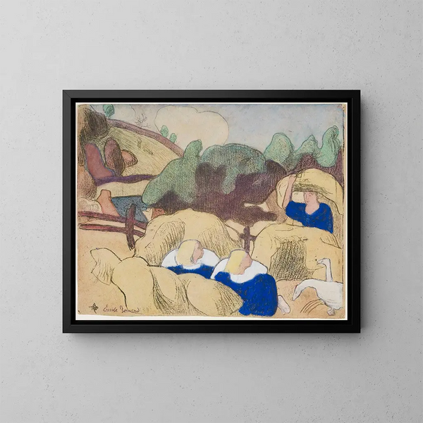 Frauen beim Heuhaufen - Émile Bernard — gerahmtes Bild an der Wand