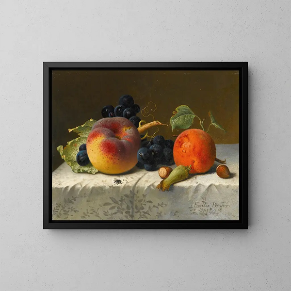 Stillleben mit Pfirsich, Aprikose, Trauben und Haselnüssen auf einer Tischdecke - Emilie Preyer — gerahmtes Bild an der Wand