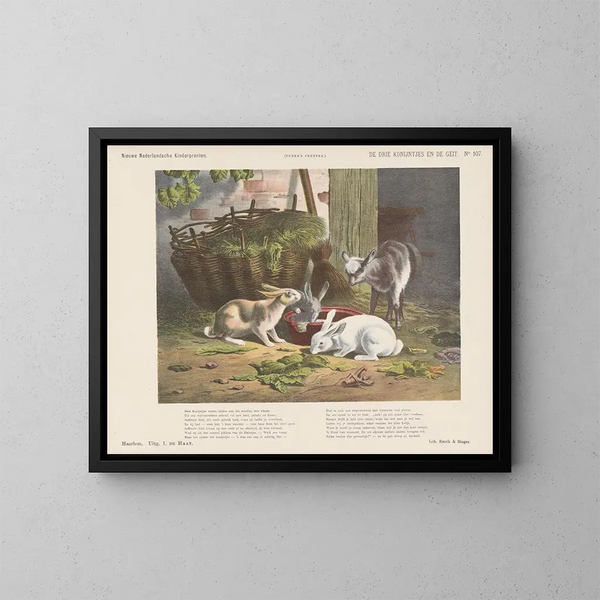 Das drei Kaninchen und die Ziege - Emrik Binger — gerahmtes Bild an der Wand