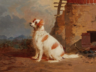 English School - A spaniel seated outside of a barn.webp
