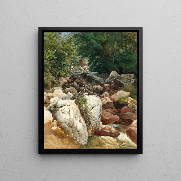 Ein Bergbach mit einem weißen Felsen - Ernestine von Kirchsberg — gerahmtes Bild an der Wand