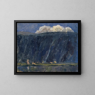 Bergsee mit nackten Figuren - Ernst Schiess — gerahmtes Bild an der Wand