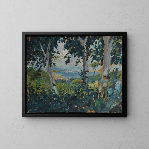 Blick durch die Bäume auf eine Süd-Bucht am Meer - Ernst Schiess — gerahmtes Bild an der Wand