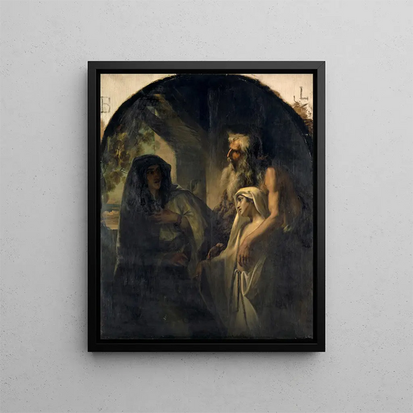 Das Prophet Elia führt die Witwe von Zarpath zu seinem Sohn, der aus dem Tod auferweckt wurde 1 Könige 17:10-24 - Ernst Stückelberg — gerahmtes Bild an der Wand