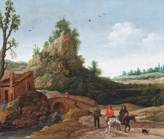 Esaias van de Velde - A landscape with travellers crossing a bridge before a small dwelling horsemen in the foreground.webp