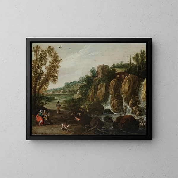Ein felsiges Landschaft mit Wasserfall und Ruth und Boas - Esaias van de Velde — gerahmtes Bild an der Wand