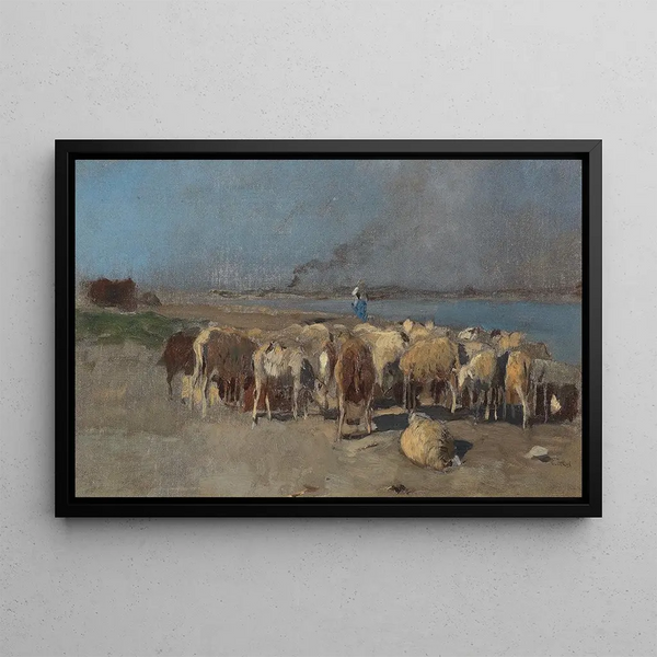 Herde von Schafen am Abend - Eugen Jettel — gerahmtes Bild an der Wand