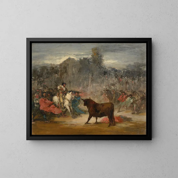 Varilargueros belästigen den Stier - Eugenio Lucas Velázquez — gerahmtes Bild an der Wand