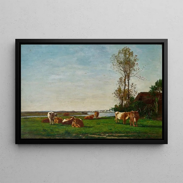 Hütte und Weide am Ufer der Touques - Eugène Boudin — gerahmtes Bild an der Wand