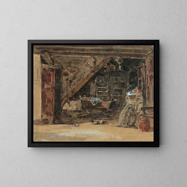 Bretonisches Innenraum-Gemälde, Aquarell - Eugène Boudin — gerahmtes Bild an der Wand