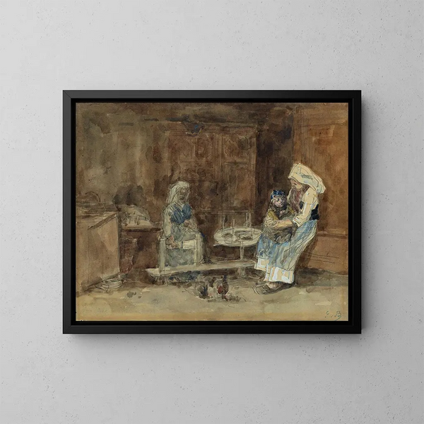 Bretonisches Interieur, Mutterschaft - Eugène Boudin — gerahmtes Bild an der Wand