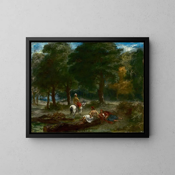 Griechenische Reiter, die sich im Wald ausruhen - Eugène Delacroix — gerahmtes Bild an der Wand
