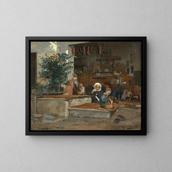 Zwei Kinder vor dem Laden - Eugène Girardet — gerahmtes Bild an der Wand