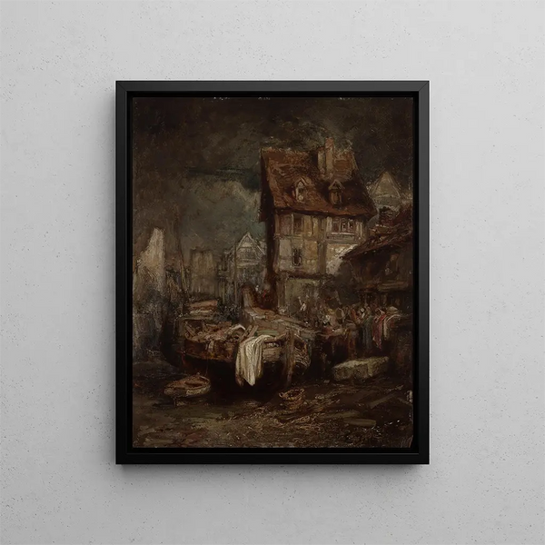 Innenansicht eines Hafen-Wasserfrontmarkts - Eugène Isabey — gerahmtes Bild an der Wand