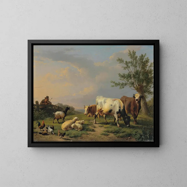 Ein Bauer mit drei Kühen, drei Schafen, einer Ziege und fünf Hühnern in einer Landschaft - Eugène Joseph Verboeckhoven — gerahmtes Bild an der Wand