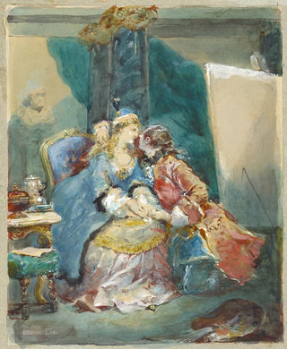 Eugne Lami - A Couple Embracing in an Artists Studio.webp