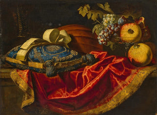 FRANCESCO FIERAVINO - A mandolin with a book of music on a blue and gold cushion with fruit on a partially draped ledge.webp