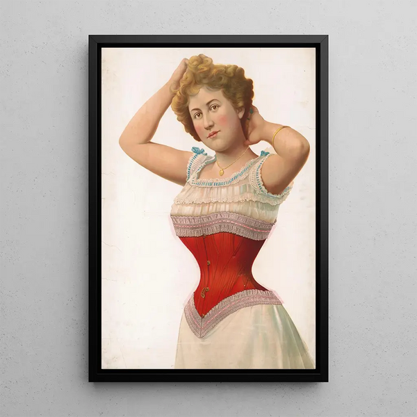 F B Patterson - Woman wearing a red corset with her arms raised to her head showing off the corset and her shape.webp