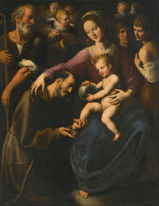 Fabrizio Santafede - The Holy Family With Saint Francis Of Assisi Adoring The Christ Child With Two Youths And Angels Above.webp