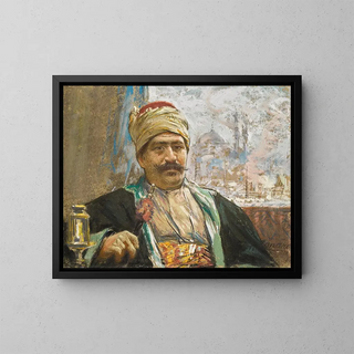 Die Yeni-Moschee im Hintergrund - Fausto Zonaro — gerahmtes Bild an der Wand