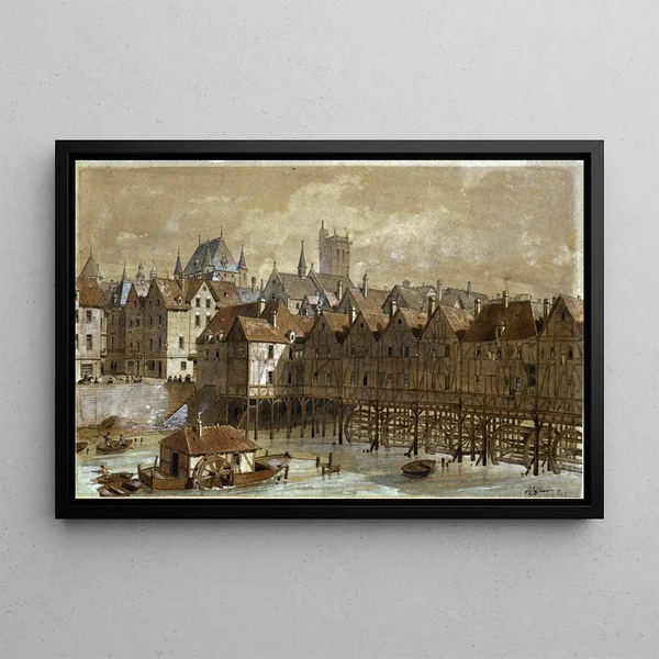 Le Grand Châtelet und die Mühlenbrücke im Jahr 1580 - Fédor Hoffbauer — gerahmtes Bild an der Wand